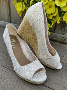 NEW TOMS Natural Beige Linen Peep-Toe Cork Wedge